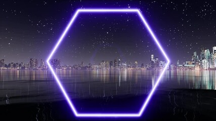 Blue neon hexagon. Light banner. Glow effect. Geometric shape 4k - Powered by Adobe