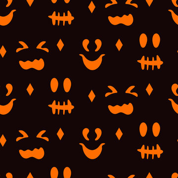 Silhouettes faces pumpkins or ghost Halloween seamless pattern. Different creepy fun cute emotion faces, design limitless background. Repeat ornament for paper wrap, fabric, print. Vector illustration