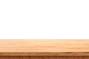 Wood table top on white background with product display concept. Empty wooden table floor. 3D rendering.