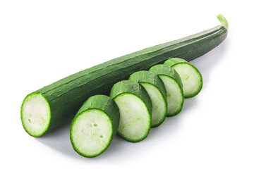 Fresh immature Luffa (Luffa acutangula  pepo fruit), partially sliced, isolated w clipping paths