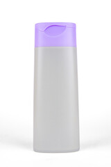 Light gray plastic bottle with violet color lid isolated on white background