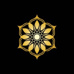 Gold Flower Mandala Logo Vector in Elegant Style with Black Background