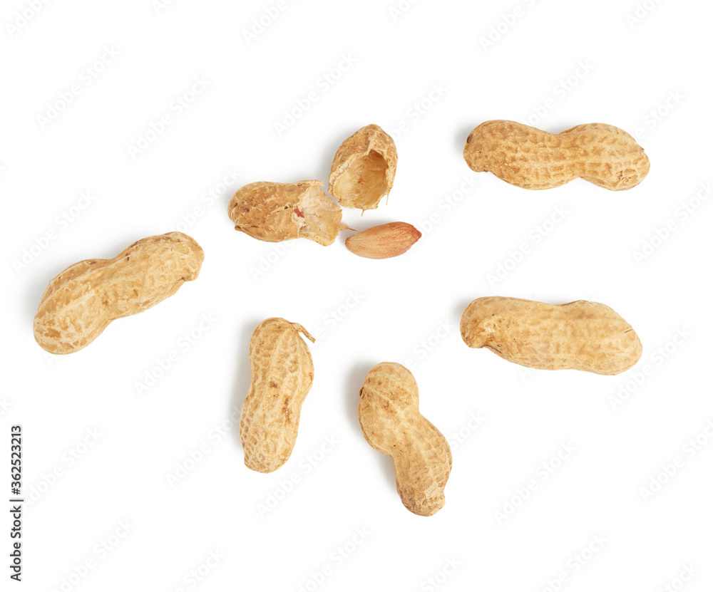 Poster heap of peanuts in shell and broken, food isolated on white background