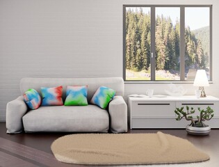 The interior of a cozy room with a large window and a sofa. Parquet floor. Table with lamp. 3D rendering.