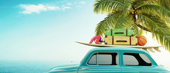 car with surfboard and luggage on top on the beach in front of the palms and ocean, summer 3D background illustration concept