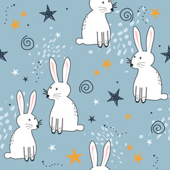 Bunnies, hand drawn backdrop. Colorful seamless pattern with animals, stars. Decorative cute wallpaper, good for printing. Overlapping background vector. Design illustration, rabbits