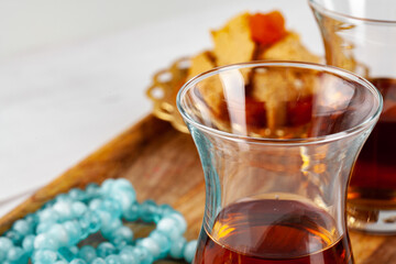 Turkish tea with oriental desserts on table