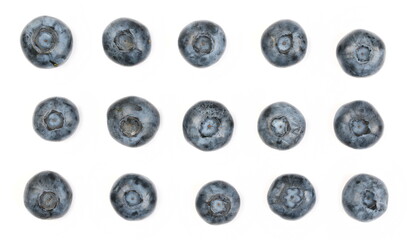 Ripe blueberries set and collection isolated on white background, top view