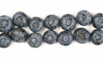 Ripe blueberries isolated on white background, top view