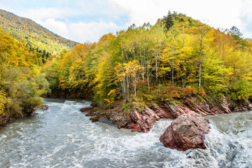 Two rapid mountain rivers merge among the hills covered by an autumn colored forest