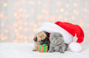 Fototapeta na wymiar Cute Pug puppy and kitten sit under red santa's hat with gift box on festive background. Empty space for text