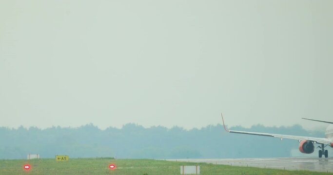 
The plane takes off. Frame of the plane taking off from the runway, we see how the plane comes off the ground and flies hiding the wheels in the sky.