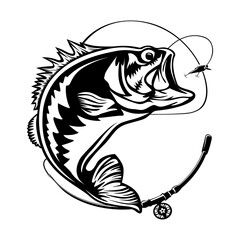 Fishing logo. Bass fish with rod club emblem. Fishing theme illustration. Isolated on white.