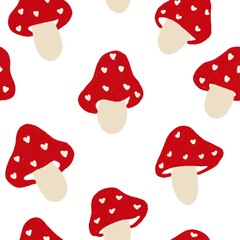 Seamless pattern of red fly agaric in hearts on a white background. Hand drawn cute fly agarics with curly decorated hats. Beautiful background of mushrooms for print, textile, wallpaper.