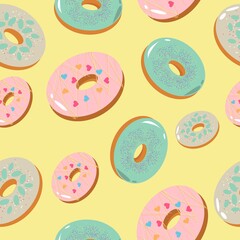seamless pattern with various delicious donuts on yellow background. Sweet design for textile, wallpaper, greeting cards