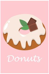 tasty donut with cream icing, pieces of chocolate and a mint leaf on a pink background. tasty food