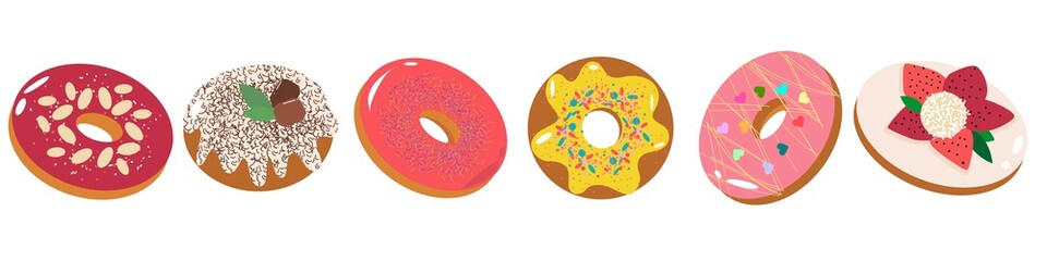 Set of tasty donuts with different toppings, fruit, chocolate, icing. donut for every taste