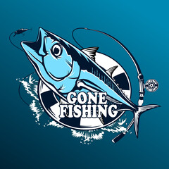 Tuna big fishing on white logo illustration. Vector illustration can be used for creating logo and emblem for fishing clubs, prints, web and other crafts.