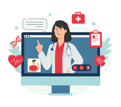 Online medical advice or consultation service with patient and female doctor on computer screen