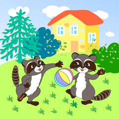 raccoons play ball in a clearing in front of the house, illustration