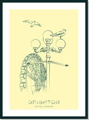Brighton urban sketch poster, vector illustration and typography design, England, UK
