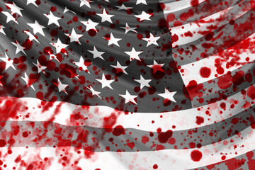 Blood symbolizes racism in United States. Blood stains on background of USA flag. Killing based on...