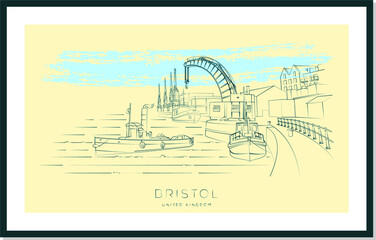 Obraz premium Bristol urban sketch poster, harbour and docks, vector illustration and typography design, England, UK