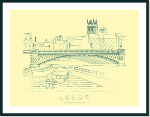 Leeds urban sketch poster, vector illustration and typography design, England, UK