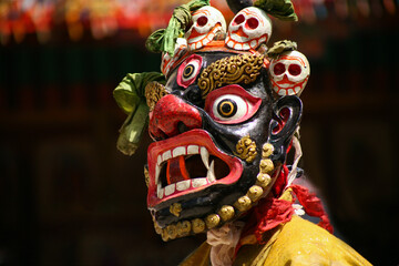 Buddhist mystery with the performance of Mask Dance in the Tibetan Hemis monastery in Leh, Ladakh,...