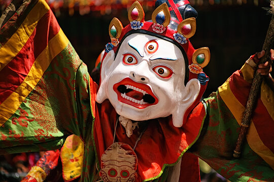 Buddhist mystery with the performance of Mask Dance in the Tibetan Hemis monastery in Leh, Ladakh, India