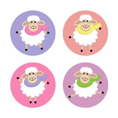 Four cute sheep with multicolored scarves in different poses. Icons set, elements for greeting card, poster. Vector illustration in cartoon pop art flat style