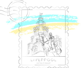 Obraz premium Liverpool urban sketch stamp, vector illustration and typography design, England, UK