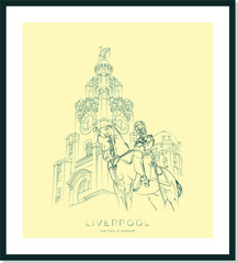 Liverpool urban sketch poster, vector illustration and typography design, England, UK