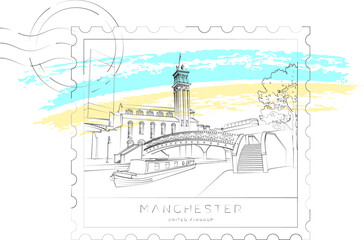 Manchester urban sketch stamp, Bridgewater canal in Castlefield, vector illustration and typography design, England, UK