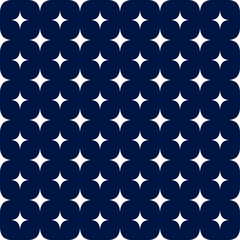 Vector seamless pattern. Background with star. White stars in blue night sky. Repeating sparks shining, sparkling, glowing, twinkling stars. Texture for design with stars random size. Space backdrop