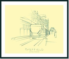Sheffield poster, urban vector illustration and typography design, Supertram and Park Square Bridge, England, UK