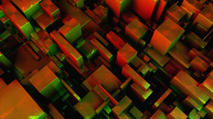 3D abstract image of rectangles background in orange and green toned