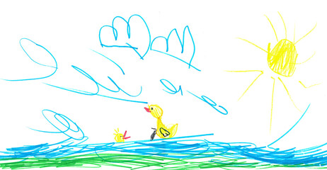 2 ducklings in the sea, sun, clouds on.a white background, is similar to a child’s drawing