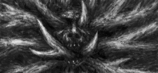 The head of a dead demon from whose mouth grows tree branches. Looking forward at the camera. Illustration in horror genre with grainy appearance effect. Black and white background colors.