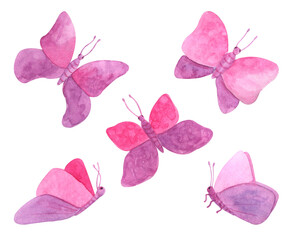 Watercolor pink flying butterflies set. Hand drawn colorful violet fairy moths isolated on white background. Colorful illustration for kids, cards, decoration, posters.