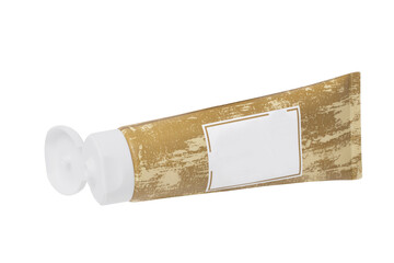 Beauty products container. Close-up of a light brown tube cosmetic cream with a skin care product for face or other producta with a white empty label isolated on a white background. Macro.