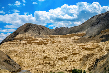 Mountain road and moon land (Moonland) view of Lamayuru at Ladakh, Jammu and Kashmir, India
