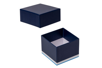 Gift box isolated. Close-up of a blue opened present or gift box on a white background. Birthday, valentine, anniversary or other holidays. Macro photograph.