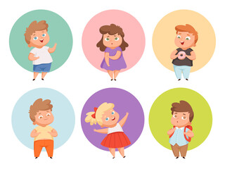 Fototapeta premium Fat kids. Oversize children clothes eating fastfood and junk snacks chubby characters overweight vector people. Illustration children oversize and overweight, character fatty unhealthy, obese body