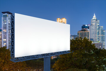 Fototapeta premium Blank white road billboard with Bangkok cityscape background at night time. Street advertising poster, mock up, 3D rendering. Side view. The concept of marketing communication to sell idea.