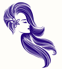 Hair salon and beauty studio logo.Beautiful woman with long, wavy hairstyle and elegant makeup, wearing a flower in her hair.Cosmetics and spa icon.Profile view portrait.