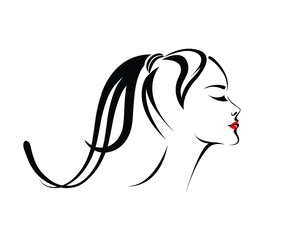 Beautiful woman with long, wavy ponytail and elegant makeup.Hair salon and beauty studio logo.Cosmetics icon.Profile view young lady portrait.Red lipstick.