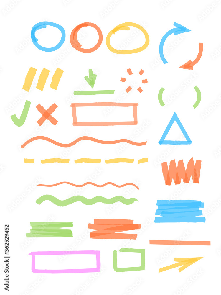 Poster colored marker highlights. drawing strokes elements round and square frames transparent stripped lin