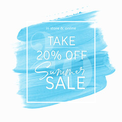 Summer Sale 20% off sign over blue watercolor art brush stroke paint abstract background vector. Perfect acrylic design for a shop banners.
