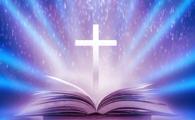 The Christian Cross is illuminated in a book in white and fantasy light, with magic shining as hope, love and freedom in beautiful illustrations.